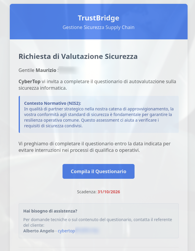 Email di invito che riceve il fornitore: richiesta di valutazione sicurezza, scadenza e pulsante per compilare il questionario